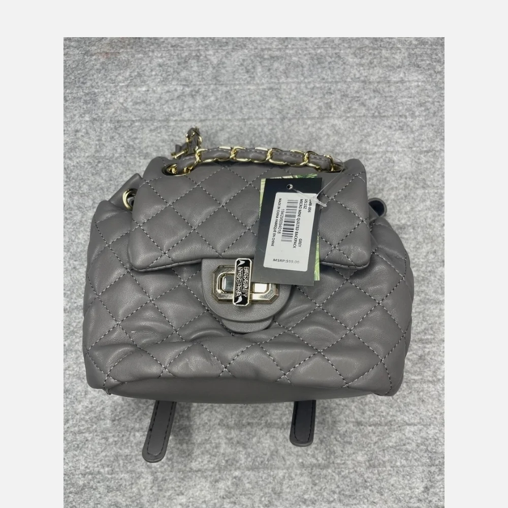 Badgely Mischka quilted mini  backpack, gray with gold tone hardware NWT